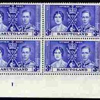 Basutoland 1937 KG6 Coronation 3d corner plate block of 4 (plate 1) unmounted mint (Coronation plate blocks are rare) SG 17