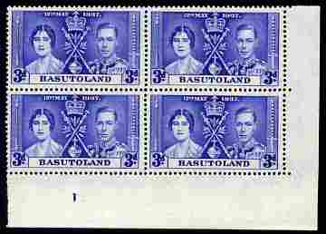 Basutoland 1937 KG6 Coronation 3d corner plate block of 4 (plate 1) unmounted mint (Coronation plate blocks are rare) SG 17