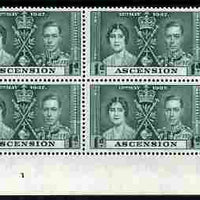 Ascension 1937 KG6 Coronation 1d corner plate block of 4 (part plate 1) unmounted mint (Coronation plate blocks are rare) SG 35
