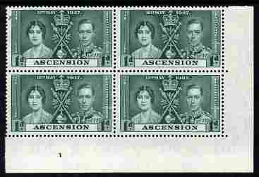 Ascension 1937 KG6 Coronation 1d corner plate block of 4 (part plate 1) unmounted mint (Coronation plate blocks are rare) SG 35