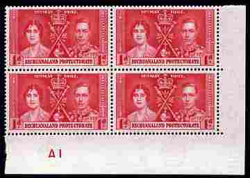 Bechuanaland 1937 KG6 Coronation 1d corner plate block of 4 (plate A1) unmounted mint (Coronation plate blocks are rare) SG 115
