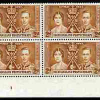 Bechuanaland 1937 KG6 Coronation 2d corner plate block of 4 (plate 1) unmounted mint (Coronation plate blocks are rare) SG 116