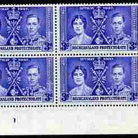 Bechuanaland 1937 KG6 Coronation 3d corner plate block of 4 (plate 1) unmounted mint (Coronation plate blocks are rare) SG 117