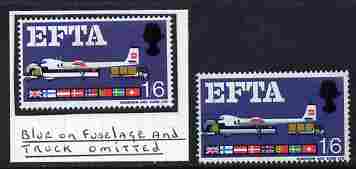 Great Britain 1967 EFTA 1s6d (phosphor) with blue-grey omitted (fusalage & trucks) mounted mint plus normal (formerly in the Lady Mairi Bury Collection) SG 716pd