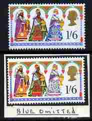 Great Britain 1969 Christmas 1s6d with new blue omitted (Robes of right-hand King) mounted mint plus normal (formerly in the Lady Mairi Bury Collection) SG 814e