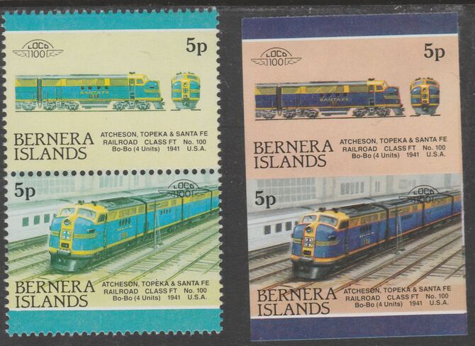 Bernera 1983 Locomotives #2 (Atcheson, Topeka & Santa Fe) 5p - Complete sheet of 30 (15 se-tenant pairs) all with red omitted plus,one imperf pair as normal, unmounted mint. About 30 years ago, I was one of the major buyers of the……Details Below