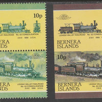 Bernera 1983 Locomotives #2 (Lehigh Valley Railroad) 10p - Complete sheet of 30 (15 se-tenant pairs) all with red omitted plus,one imperf pair as normal, unmounted mint. About 30 years ago, I was one of the major buyers of the For……Details Below