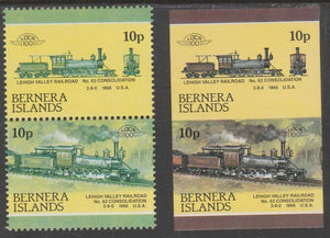 Bernera 1983 Locomotives #2 (Lehigh Valley Railroad) 10p - Complete sheet of 30 (15 se-tenant pairs) all with red omitted plus,one imperf pair as normal, unmounted mint. About 30 years ago, I was one of the major buyers of the For……Details Below