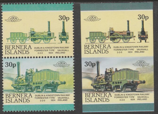 Bernera 1983 Locomotives #2 (Dublin & Kingstown Railway) 30p - Complete sheet of 30 (15 se-tenant pairs) all with red omitted plus,one imperf pair as normal, unmounted mint. About 30 years ago, I was one of the major buyers of the……Details Below