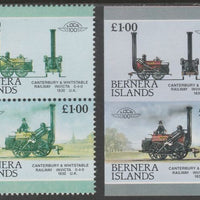 Bernera 1983 Locomotives #2 (Canterbury & Whitstable Rly) £1 - Complete sheet of 30 (15 se-tenant pairs) all with red omitted plus,one imperf pair as normal, unmounted mint. About 30 years ago, I was one of the major buyers of the……Details Below