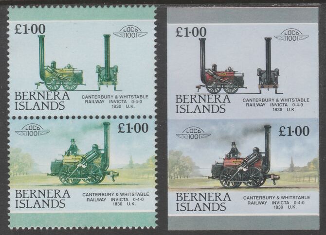Bernera 1983 Locomotives #2 (Canterbury & Whitstable Rly) £1 - Complete sheet of 30 (15 se-tenant pairs) all with red omitted plus,one imperf pair as normal, unmounted mint. About 30 years ago, I was one of the major buyers of the……Details Below