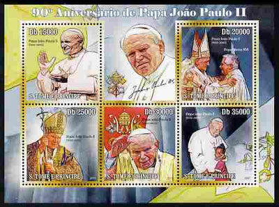 St Thomas & Prince Islands 2010 90th Birth Anniversary of Pope John Paul II perf sheetlet containing 5 values unmounted mint