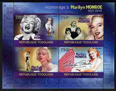 Togo 2010 Marilyn Monroe perf sheetlet containing 4 values unmounted mint Michel 3529-32