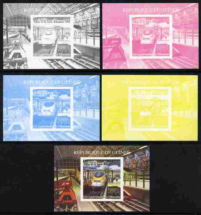 Guinea - Conakry 2009 15th Anniversary of Eurostar #5 individual deluxe sheet as Michel 7160 - the set of 5 imperf progressive proofs comprising the 4 individual colours plus all 4-colour composite, unmounted mint