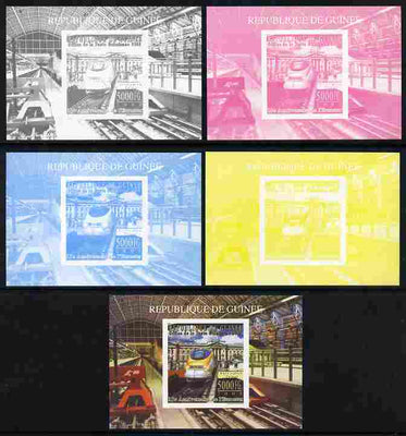 Guinea - Conakry 2009 15th Anniversary of Eurostar #5 individual deluxe sheet as Michel 7160 - the set of 5 imperf progressive proofs comprising the 4 individual colours plus all 4-colour composite, unmounted mint