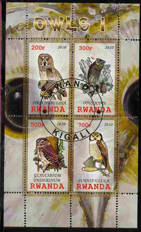 Rwanda 2010 Owls #1 perf sheetlet containing 4 values fine cto used