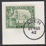 Aden 1939-48 KG6 Aidrus Mosque 1/2a yellowish-green on piece with full strike of Madame Joseph forged postmark type 3