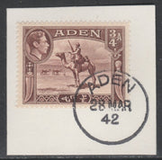 Aden 1939-48 KG6 Camel Corps 3/4a red-brown on piece with full strike of Madame Joseph forged postmark type 3