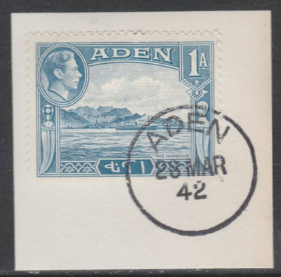 Aden 1939-48 KG6 The Harbour 1a pale blue on piece with full strike of Madame Joseph forged postmark type 3
