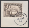 Aden 1939-48 KG6 Airdrus Mosque 2a sepia on piece with full strike of Madame Joseph forged postmark type 3