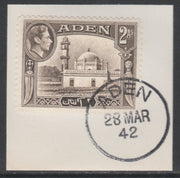 Aden 1939-48 KG6 Airdrus Mosque 2a sepia on piece with full strike of Madame Joseph forged postmark type 3