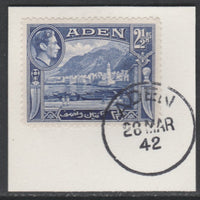 Aden 1939-48 KG6 Mukalla 2.5a deep ultramarine on piece with full strike of Madame Joseph forged postmark type 3