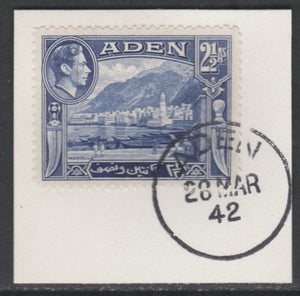 Aden 1939-48 KG6 Mukalla 2.5a deep ultramarine on piece with full strike of Madame Joseph forged postmark type 3