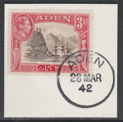 Aden 1939-48 KG6 Capture of Aden 3a sepia & carmine on piece with full strike of Madame Joseph forged postmark type 3