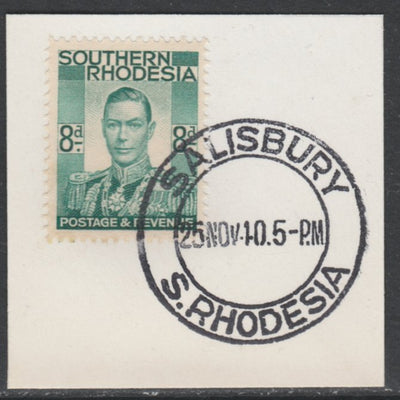 Southern Rhodesia 1937 KG6 def 8d emerald on piece with full strike of Madame Joseph forged postmark type 332, SG45