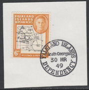 Falkland Islands Dependencies 1946-49 KG6 Thick Maps 6d on piece with full strike of Madame Joseph forged postmark type 158, SG G6
