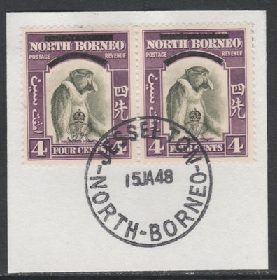 North Borneo 1947 KG6 Crown Colony 4c Monkey horizontal pair on piece with full strike of Madame Joseph forged postmark type 311, SG338