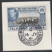 Falkland Islands 1938-50 KG6 Flock of Sheep 2.5d SG 151 on piece with full strike of Madame Joseph forged postmark type 156
