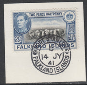 Falkland Islands 1938-50 KG6 Flock of Sheep 2.5d SG 151 on piece with full strike of Madame Joseph forged postmark type 156