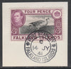 Falkland Islands 1938-50 KG6 Magellan Goose 4d SG 154 on piece with full strike of Madame Joseph forged postmark type 156