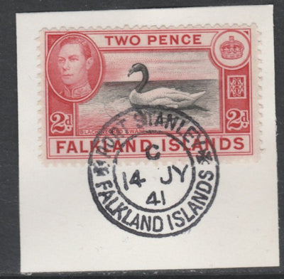 Falkland Islands 1938-50 KG6 Black-necked Swan 2d SG 150 on piece with full strike of Madame Joseph forged postmark type 156