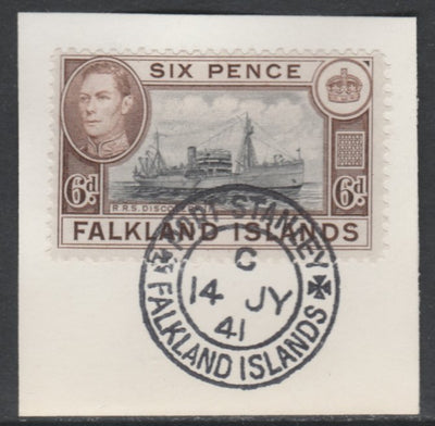 Falkland Islands 1938-50 KG6 Discovery II (Supply Ship) 6d black & brown SG 155a on piece with full strike of Madame Joseph forged postmark type 156
