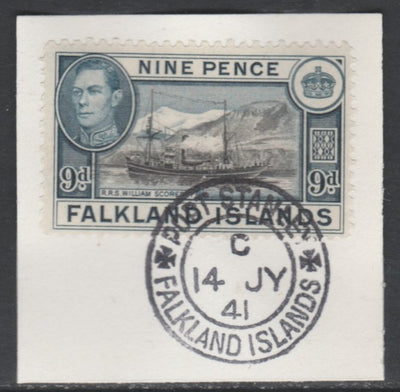 Falkland Islands 1938-50 KG6 William Scoresby (Supply Ship) 9d SG 157 on piece with full strike of Madame Joseph forged postmark type 156