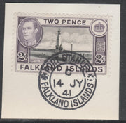 Falkland Islands 1938-50 KG6 Memorial 2d black & violet SG 149 on piece with full strike of Madame Joseph forged postmark type 156