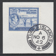 Turks & Caicos Islands 1938 KG6 Raking Salt 3d bright blue,SG 200 on piece with full strike of Madame Joseph forged postmark type 427