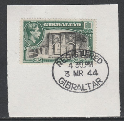 Gibraltar 1938-51 KG6 1s black & green on piece with full strike of Madame Joseph forged postmark type 188, SG 127