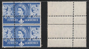 Great Britain 1957 World Scout Jamboree 4d unmounted mint vertical pair with perforations doubled (stamps are quartered). Note: the stamps are genuine but the additional perfs are a slightly different gauge identifying it to be a forgery.