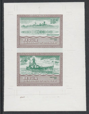 St Vincent - Bequia 1985 Warships of World War 2, 15c HMS Hood individual imperf se-tenant colour trial proof in green & brown with white background, ex Format International archives