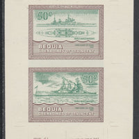 St Vincent - Bequia 1985 Warships of World War 2, 50c HMS Duke of York individual imperf se-tenant colour trial proof in green & brown with buff background, ex Format International archives