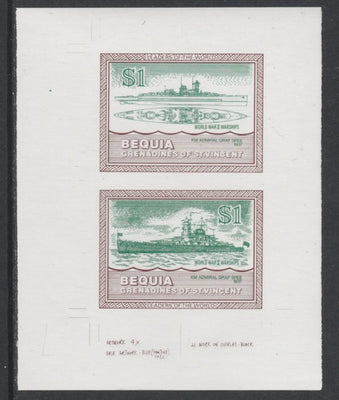 St Vincent - Bequia 1985 Warships of World War 2, $1 KM Admiral Graf Spee individual imperf se-tenant colour trial proof in green & brown with white background, ex Format International archives