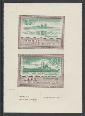 St Vincent - Bequia 1985 Warships of World War 2, $1 KM Admiral Graf Spee individual imperf se-tenant colour trial proof in green & brown with buff background, ex Format International archives