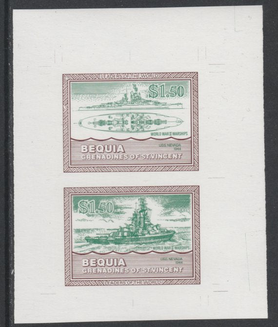 St Vincent - Bequia 1985 Warships of World War 2, $1.50 USS Nevada individual imperf se-tenant colour trial proof in green & brown with white background, ex Format International archives