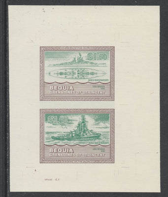St Vincent - Bequia 1985 Warships of World War 2, $1.50 USS Nevada individual imperf se-tenant colour trial proof in green & brown with buff background, ex Format International archives