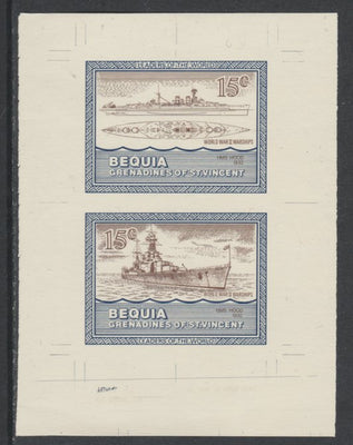 St Vincent - Bequia 1985 Warships of World War 2, 15c HMS Hood individual imperf se-tenant colour trial proof in purple-brown and blue with buff background, ex Format International archives