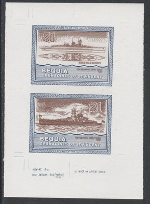 St Vincent - Bequia 1985 Warships of World War 2, $1 KM Admiral Graf Spee individual imperf se-tenant colour trial proof in purple-brown and blue with white background, ex Format International archives