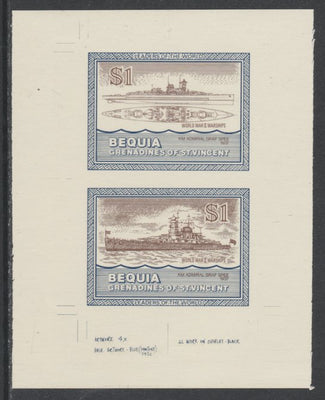 St Vincent - Bequia 1985 Warships of World War 2, $1 KM Admiral Graf Spee individual imperf se-tenant colour trial proof in purple-brown and blue with buff background, ex Format International archives